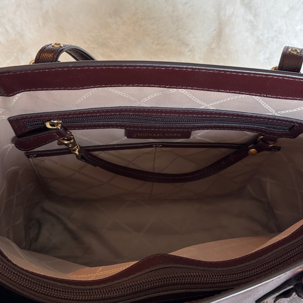 Michael Kors Jet Set Travel Burgundy/Oxblood Leather Tote Bag - Picture 11 of 16
